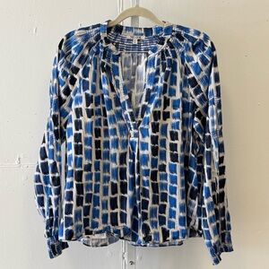 NIC+ZOE Abstract Print V-neck Long Sleeve Blouse Blue White Medium